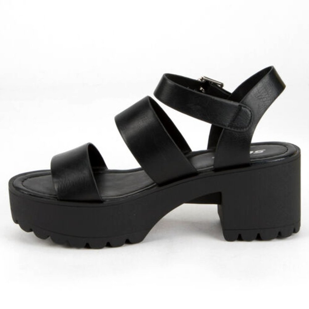 New Black Band Platform Chunky Lug Heel Sandals - Picture 3 of 5